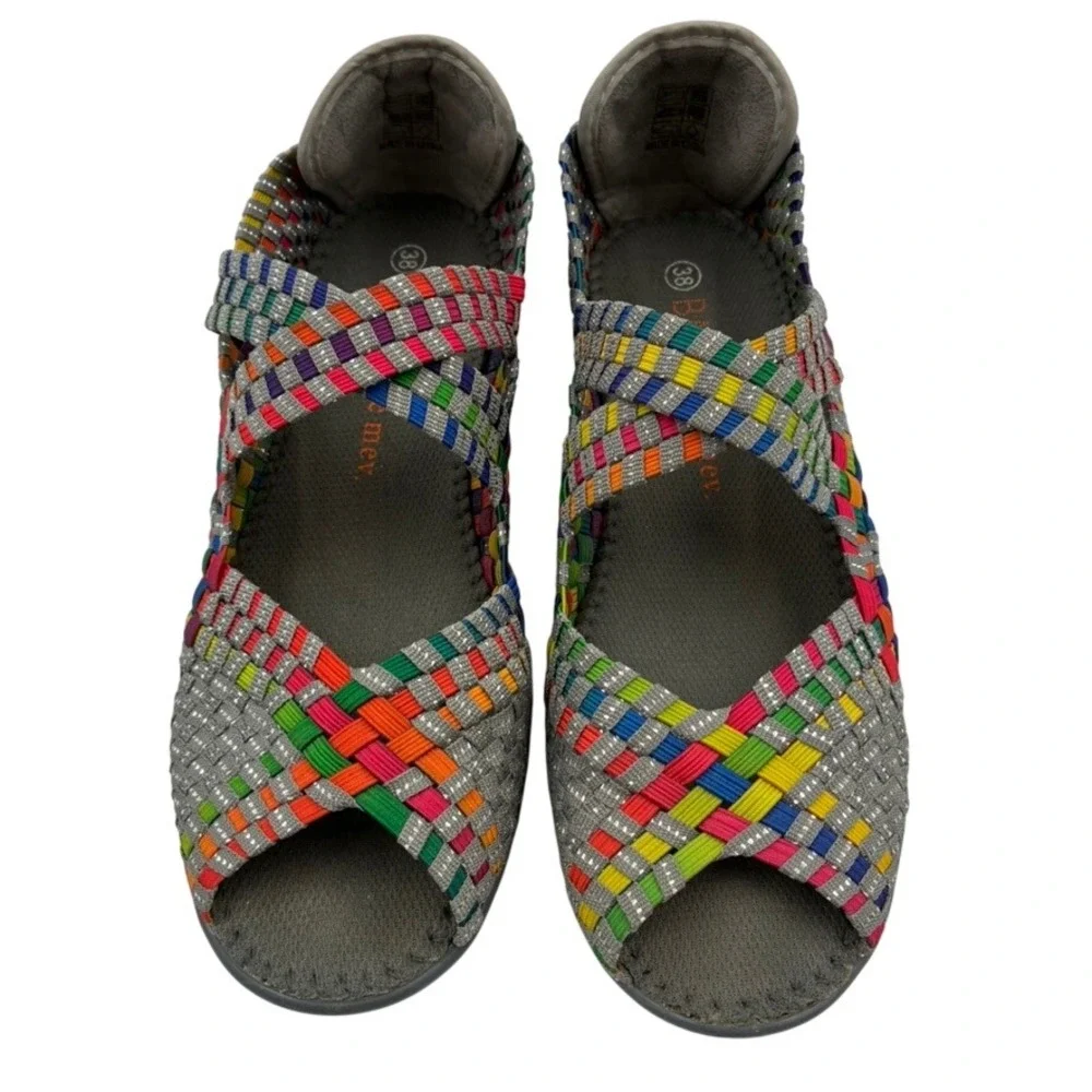 Bernie Mev Comfi Mary Jane 38/US 7 Rainbow Woven Wedge Sandals‎ Peep Toe Elastic